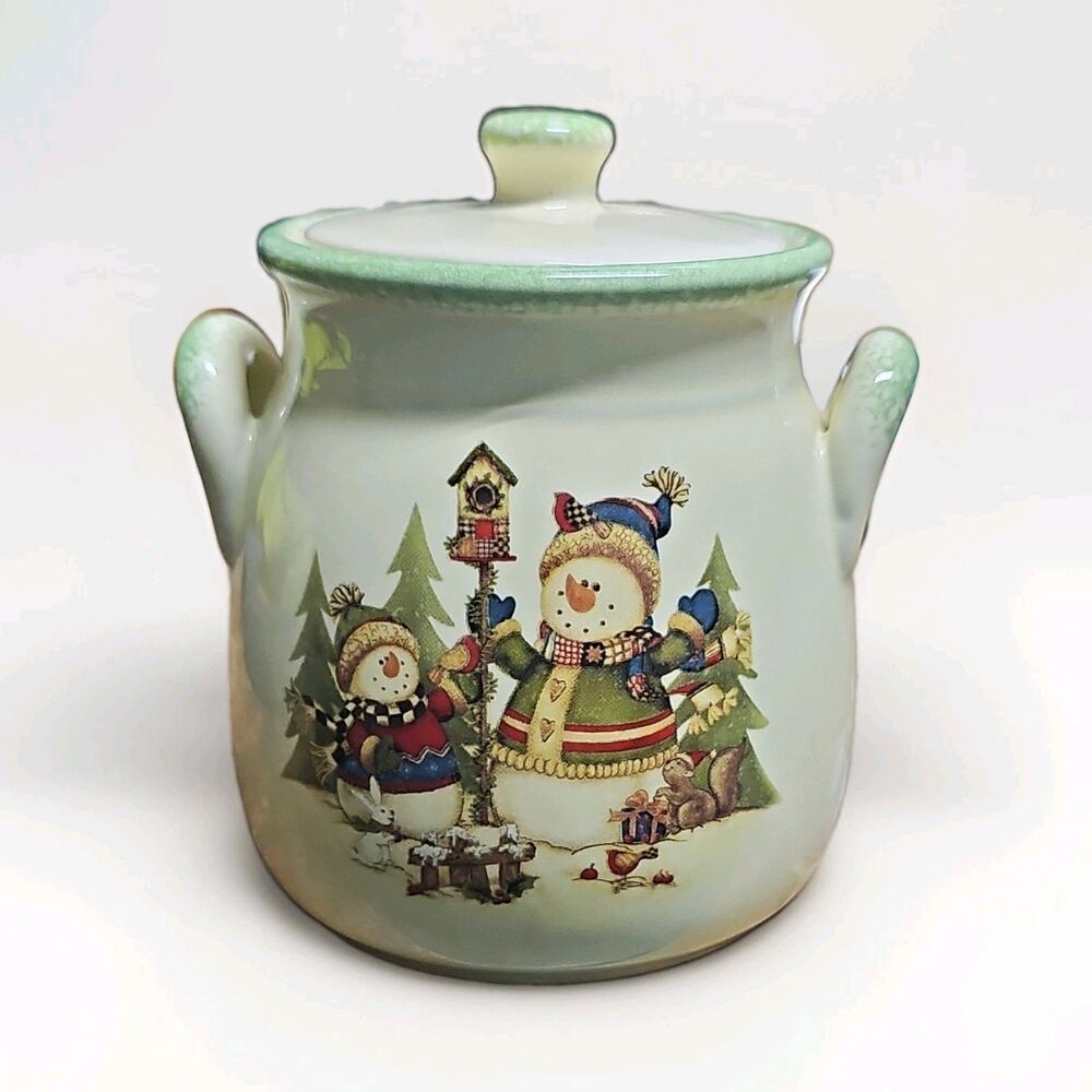 Granny Core LTD Snowman ChristmasLidded Ceramic Crock Jar 4" Holiday Collectable